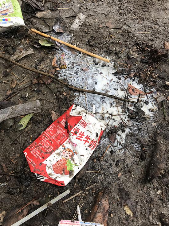 记者探访发现,当地两所小学垃圾桶边普遍存在未喝完的学生奶遭丢弃情况