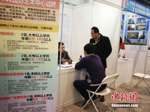 2018年北京春季综合人才招聘会现场,一名男子在某企业展台前咨询。中新网 邱宇 摄