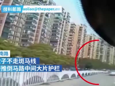 萍乡一女子推倒路中央护栏，差点砸中行驶车辆