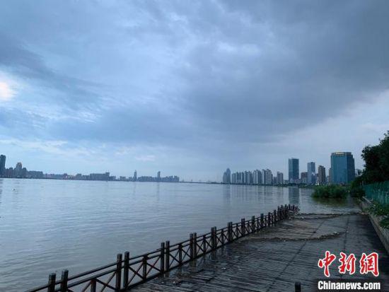 江岸游步道及秋水广场被洪水淹没，部分木质游步道被洪水冲毁。　李韵涵 摄