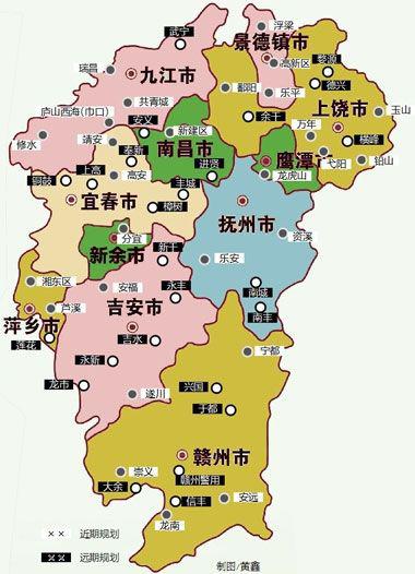 图:江西省近期和远期规划建设的通用机场分布图.