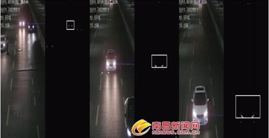 白色小车使用远光灯，左侧为正常图片，右侧为降低摄像机增益图片