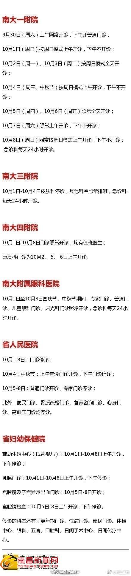 江西省城部分大医院国庆、中秋门诊安排