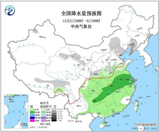 图2 全国降水量预报图(12月5日08时-6日08时)