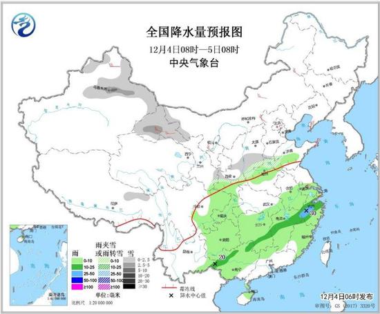 图1 全国降水量预报图(12月4日08时-5日08时)