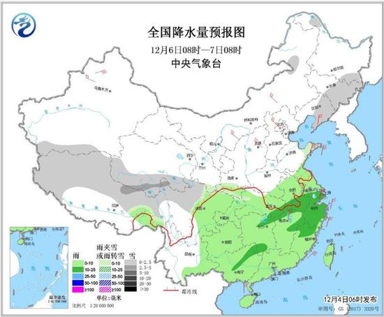 图3 全国降水量预报图(12月6日08时-7日08时)