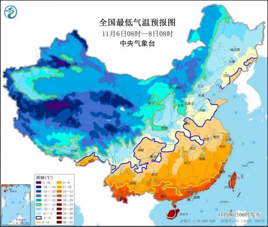 全国最低气温预报图（11月6日08时-8日08时）