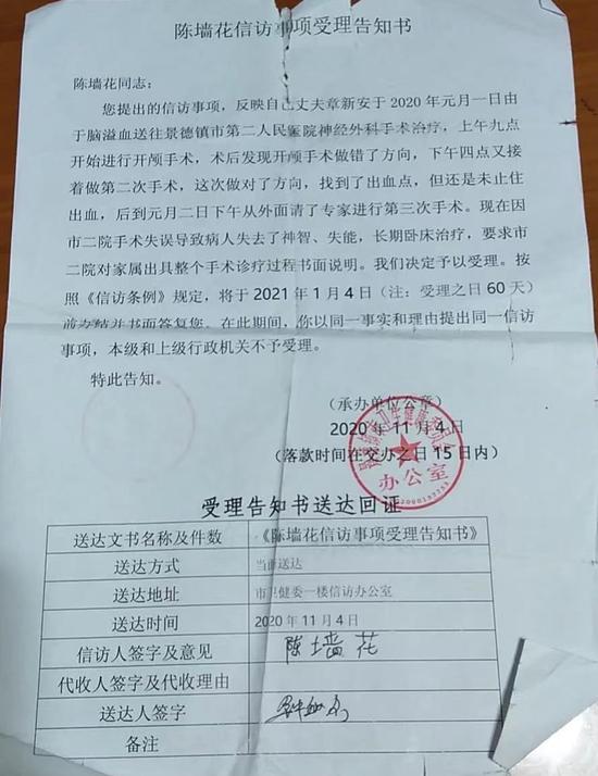 2020年11月4日,景德镇卫健委受理章新安妻子信访事项的告知书 。