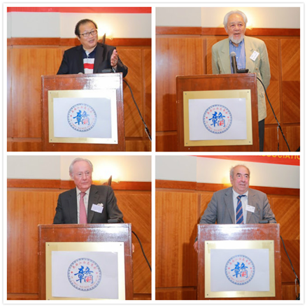 　　图为金旭公参、著名侨领单声博士、原保守党内阁部长Howard勋爵、斯特拉福德议长Christopher Saint致辞。