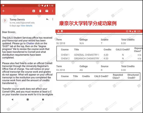 康奈尔大学2018年转学分成功截图
