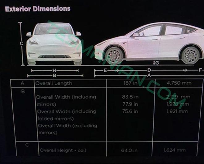 长度达4.75米 特斯拉Model Y尺寸信息曝光