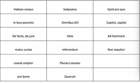 　　来自拉丁文的法律和政治词汇