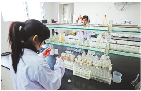大石桥市镁化工企业的化验室里,技术人员正在进行产品分析。