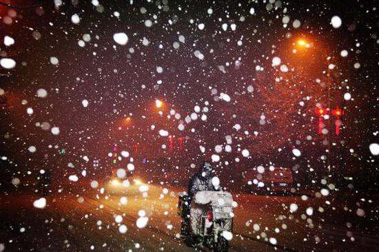 28日夜间,沈阳北部大雪纷飞(夏维江 摄)