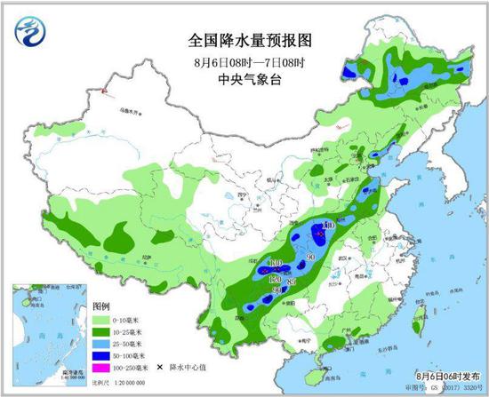图2 全国降水量预报图(8月6日8时-7日8时)