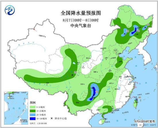 图3 全国降水量预报图(8月7日8时-8日8时)