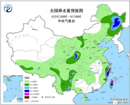 图4 全国降水量预报图(8月8日8时-9日8时)