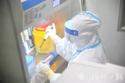 检验科工作人员耿帜正在实验室提取临床样本中的核酸