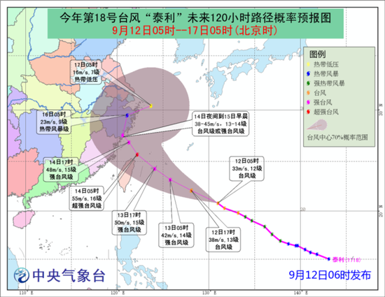 图1 台风“泰利”未来120小时路径预报图