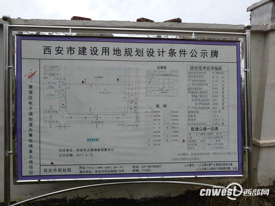 目前，仍在圍墻外放置的建設用地規(guī)劃設計條件公示牌。