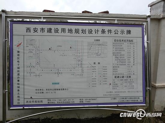 目前，仍在围墙外放置的建设用地规划设计条件公示牌。