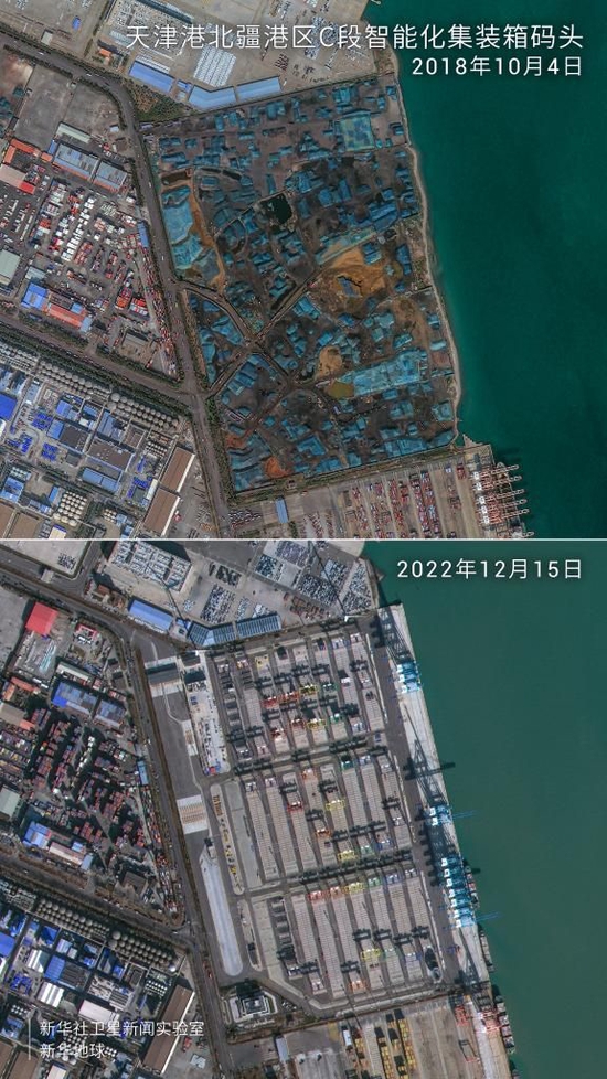 图为卫星拍摄的天津港北疆港区C段智能化集装箱码头前后对比图。