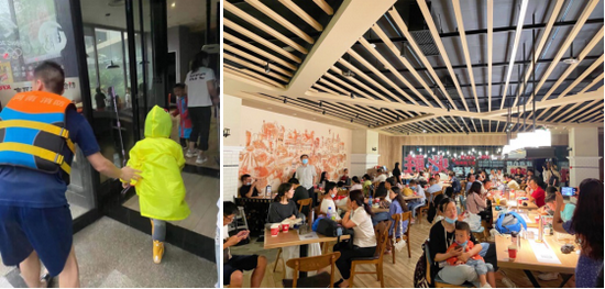 安置获救孩子的肯德基郑州国贸餐厅(图左)和接应市民避险的必胜客郑州花园路餐厅(图右)