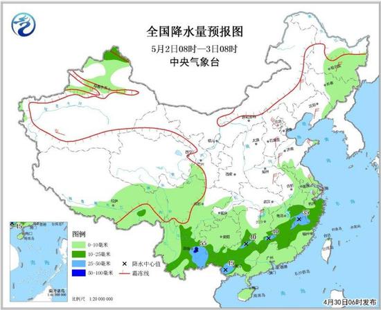 图3 全国降水量预报图（5月2日08时-3日08时）