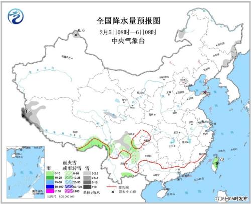 图1 全国降水量预报图(2月5日08时-2月6日08时)