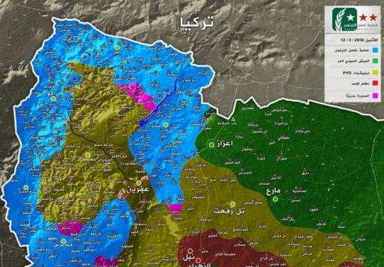 3月12日阿芙琳地区地图，库尔德武装败局已定