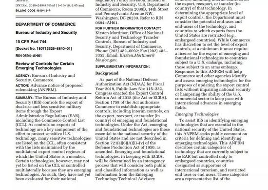 ▲美國商務部工業安全署出臺的技術出口管制先期通知