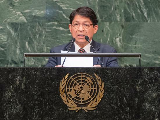 尼加拉瓜外交部长孟卡达在联合国大会一般性辩论上发言(图片来源：联合国网站)