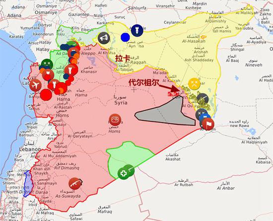 叙利亚局势示意图（2018年11月7日更新，syria.liveuamap.com）