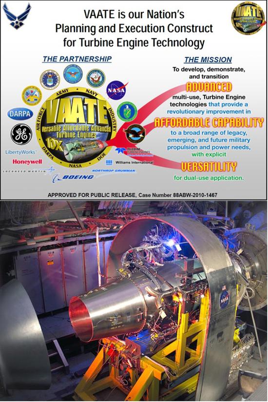 上图为美国空军研究实验室对VAATE计划的简要说明，下图为该实验室准备在美国航空航天局（NASA）推进系统实验室的高空台上，利用一台F110涡扇发动机进行强行抽取兆瓦级功率的试验