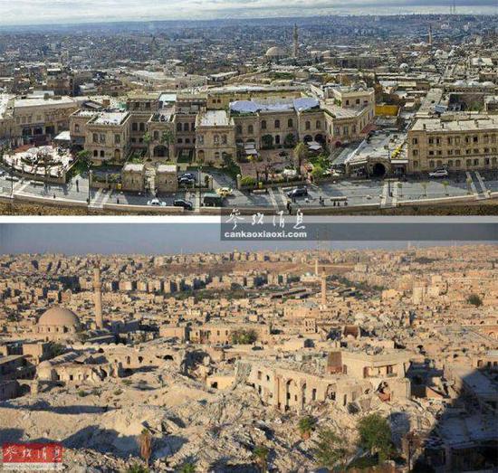 资料图：战前与战后的阿勒颇古城对比。