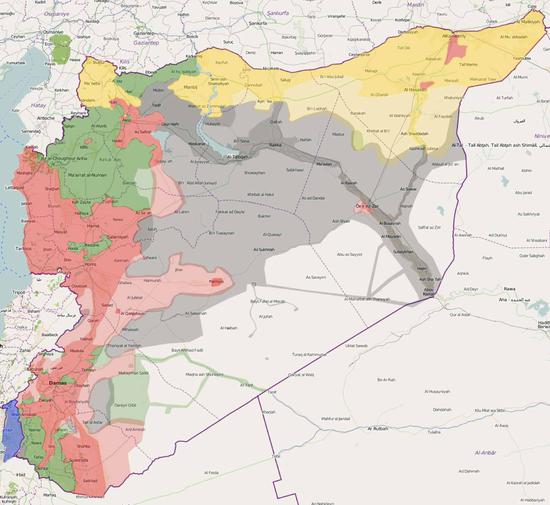 叙利亚近期局势（11月）黄色为土耳其势力，绿色为叙反对派