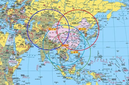 四个国内地面接收站接收覆盖圈