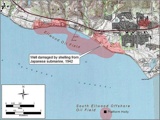 图片：日本潜艇炮击埃尔伍德油田示意图。
