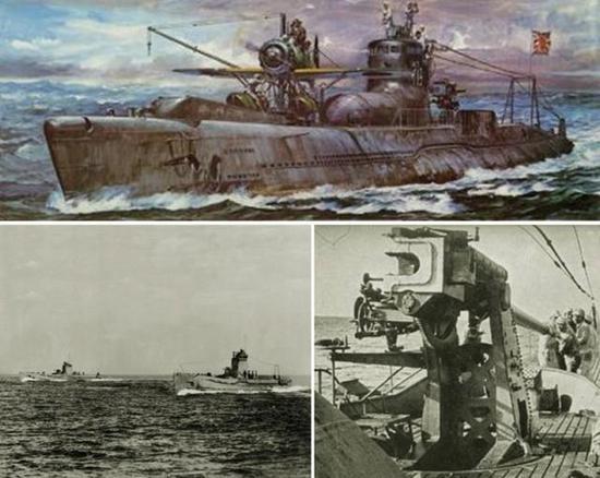 图片：在美国西海岸活动的日本远洋潜艇群和艇上的140毫米舰炮。