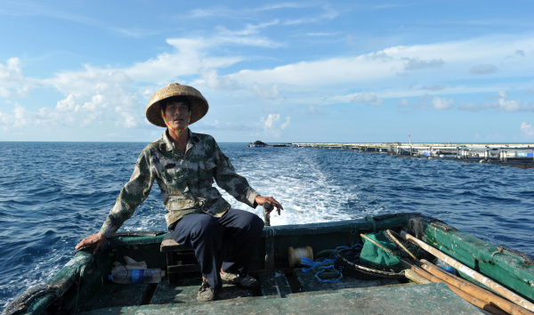 今年7月,在南沙美济礁礁盘附近,渔民驾驶渔船前往深海养殖基地。(新华社发)
