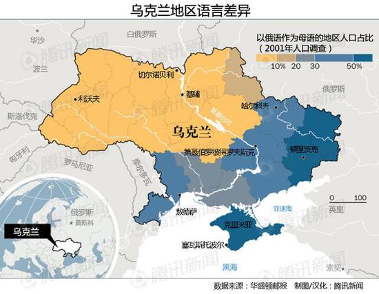 
	乌克兰东部地区大部分民众以俄语为母语（来源如图所示） 
