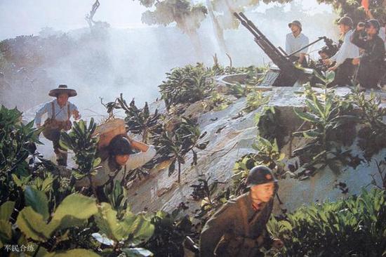 图片：西沙群岛上的我军民正在进行战备演练。