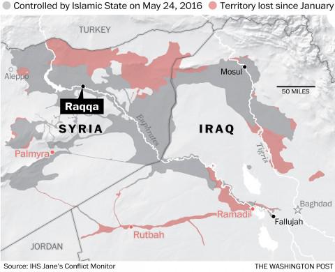 
	拉卡（Raqqa）所处位置示意图，图上颜色标识为2016年5月24日时IS势力范围 
