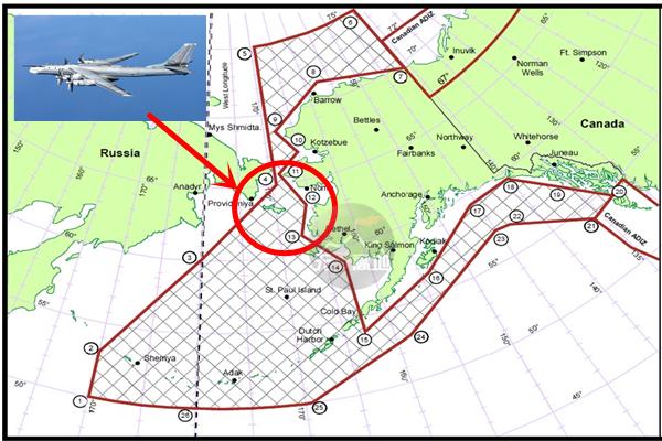 俄轰炸机出现的位置示意图 确实已经到了美方的家门口了