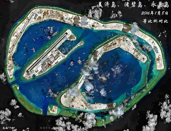 美济岛、渚碧岛、永暑岛卫星照片等比例对比图