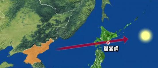 NHK发表的朝鲜导弹飞行方向和坠落地点示意图