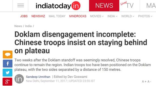 印媒:中印军队在洞朗地区仅相距150米 或再次