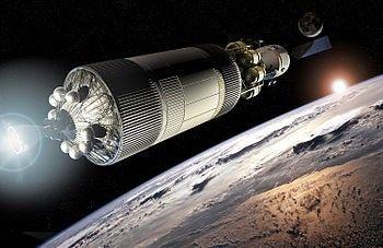 ▲概念图：“星座计划”航天器在地球轨道对接完成后点火离开地球。（维基百科）
