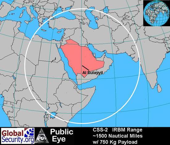 ◎沙特东风-3型战术弹道导弹打击范围示意图（载荷750千克）