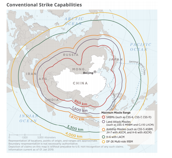 美国国防部评估出的中国常规武装力量打击范围 图源:美国政府